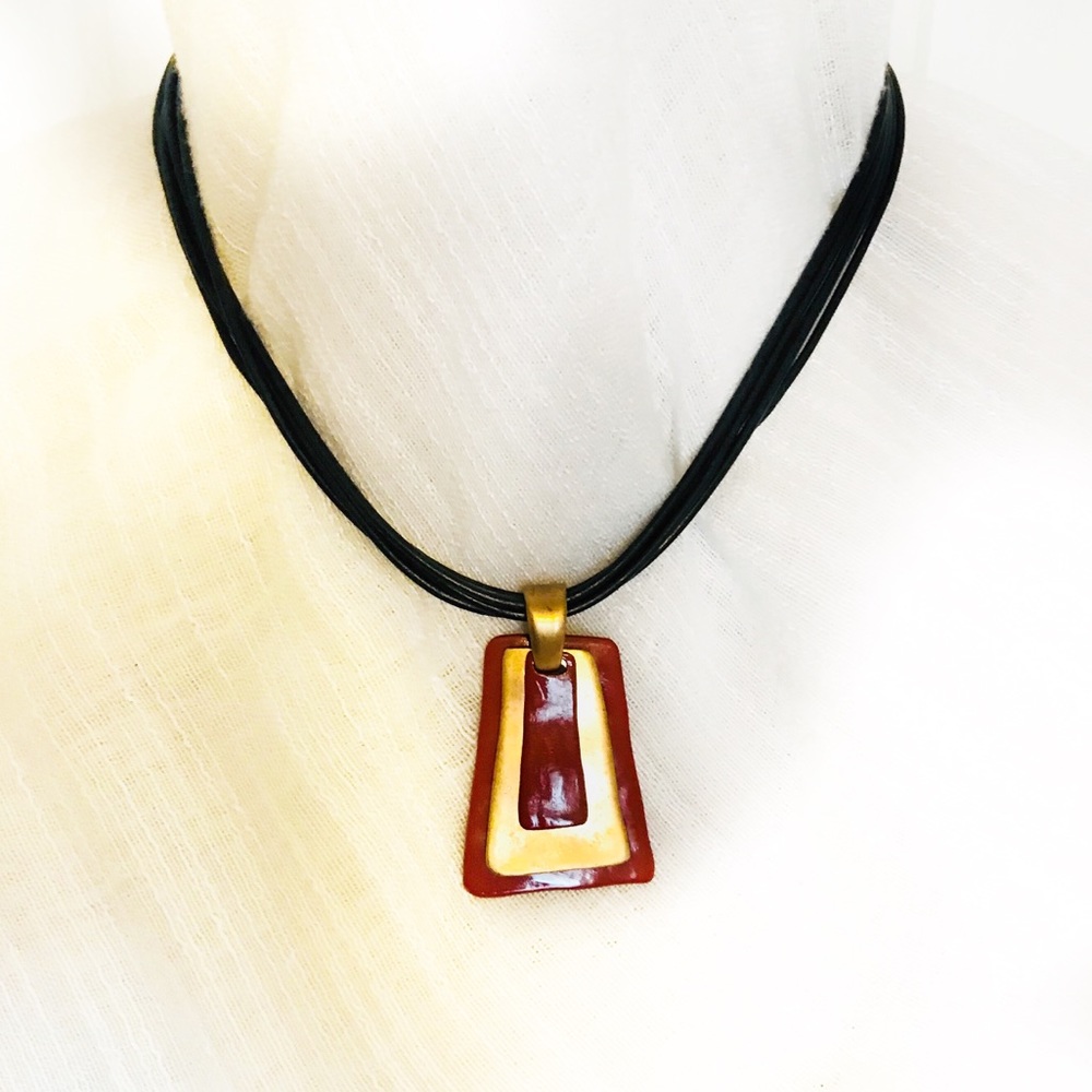 Chico’s Red Orange, Gold, & Black Pendant Necklace